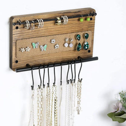 MyGift Wall Mounted Jewelry Organizer, Burnt Wood and Black Metal Necklace Holder, Bracelet, Earring Display Storage Rack with 10 Hanging S-Hooks
