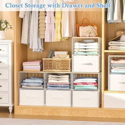 2 Pack Stackable Storage Drawers, Closet Organizers and Storage Shelves with Wooden Top & Adjustable Dividers, White Fabric Closet Drawer Organizer, Modular Storage Bins for Bedroom Wardrobe Apartment