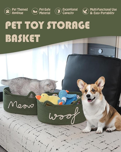 Sea Team Dog Toy Basket with Handles, 16.5 x 11 x 7 Inches, 4.4 Gallons Large Cotton Rope Storage Bin, Box, Shelf Organizer for Pet Chew Toys, Foods, Green Woof