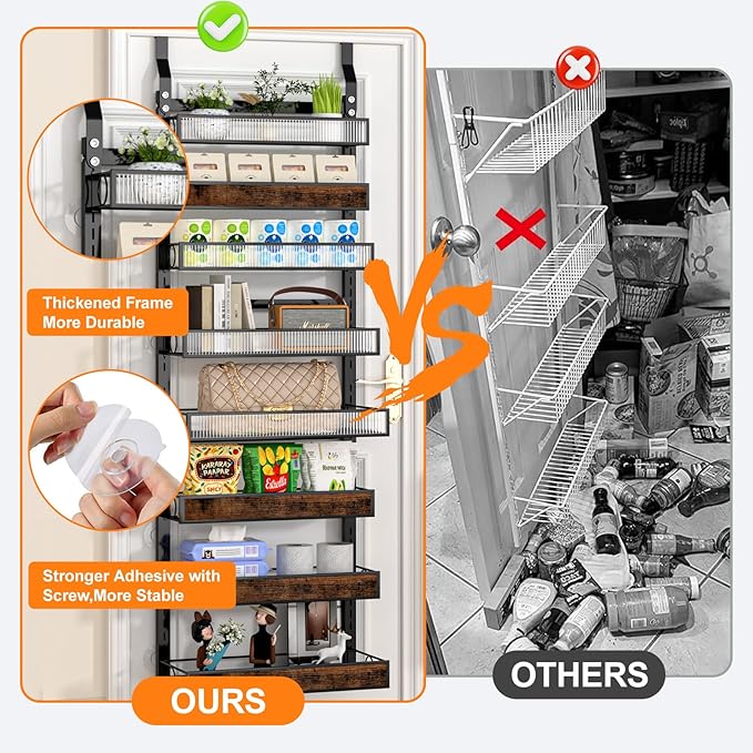 8 Tier Pantry Door Organizer Spice Rack, 2-IN-1 Wall Mount or Hanging Over Door Seasoning Organizer with Adjustable Baskets, Heavy Duty Behind Door Storage Shelves for Pantry, Cabinet and Kitchen