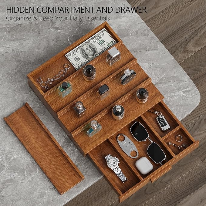 Cologne Organizer for Men,4 Tier Walnut Wood Cologne Stand,Cologne Shelf Display Holder with Hidden Storage and Drawer,Perfume Stand Organizer Great Gifts for Men
