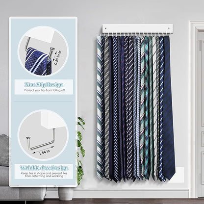 Tie Rack Belt Hanger Wall Mounted, Lomrsiul Non Slip 180 Degree Rotating Tie Organizer for Men Closet with 18 Hooks Closet Organizers and Storage for Tie Belt Necklace Purse Scarf Bag White 1 Pack