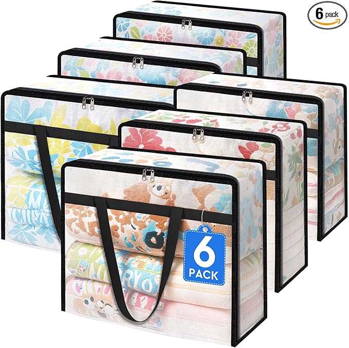 TasticTotes 6 Pack Clear Storage Bags for Comforter, Clothes & Bedding, Plastic Blanket Storage with Zipper and Handle, Moving Bags, Closet Organizer and Under-Bed Storage (90L)