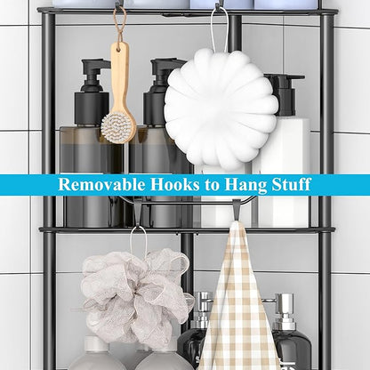 HuggieGems 5 Tier Floor Standing Corner Shower Caddy Organizer Shelf with Hooks, Bathroom Shelves Stand Rack, Matt Black