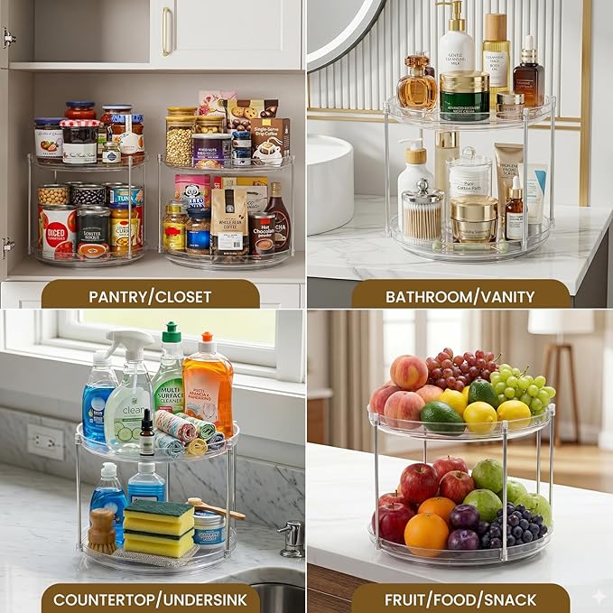 2 Tier Non-Skid Acrylic Lazy Susan Turntable Organizer - Rotating Spice Rack - Spinning Organization Tray for Kitchen, Pantry, Countertop, Closet, Bathroom, Vanity, Medicine Cabinet Organizing, 11''