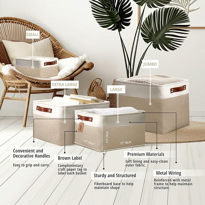DECOMOMO Storage Bins, Large Fabric Storage Baskets for Shelves, Decorative Linen Closet Organizer, 15 x 11 x 9.5 inches (Beige & White, 3 Pack)