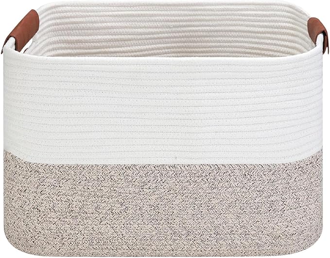 Large Cotton Rope Storage Basket with Leather Handles, Laundry Hamper Basket, 20 "L x 14" W x 12 "H, Durable & Stylish Organizer for Home.(Large Brown)