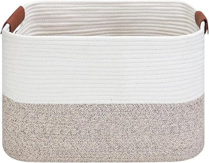 Large Cotton Rope Storage Basket with Leather Handles, Laundry Hamper Basket, 20 "L x 14" W x 12 "H, Durable & Stylish Organizer for Home.(Large Brown)