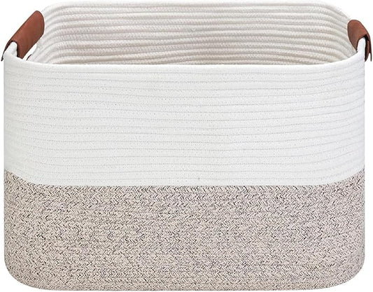 Large Cotton Rope Storage Basket with Leather Handles, Laundry Hamper Basket, 20 "L x 14" W x 12 "H, Durable & Stylish Organizer for Home.(Large Brown)