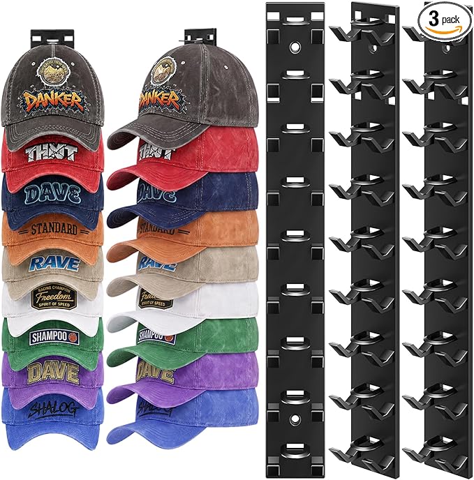 Hat Rack for Wall, 27 Hats Organizer Storage for Baseball Caps with Strong Adhesive & Drilling Screw, Hat Hanger Holder for Closet, Bedroom, 3 Pack