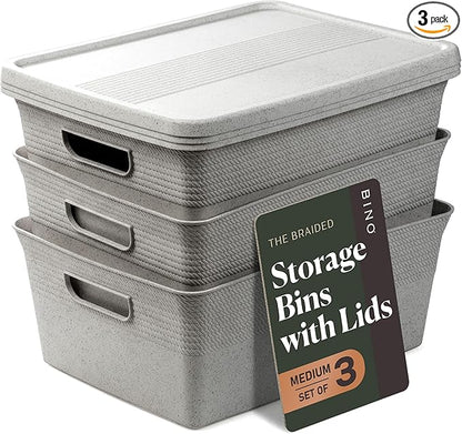 BINO | Plastic Storage Bins with Lids, 13 Liter - 3 Pack, Natural Grey | THE BRAIDED COLLECTION | Plastic Bins for Organization Woven Storage Baskets for Organizing Pantry Shelf Organizer Basket Bin