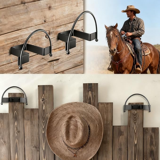 Cowboy Hat Holder (4-Pack) Heavy-Duty Metal Wall Mount Hooks for Display, Perfect Organizer for Cowboy Hat, Helmets, Towels & More - Modern Western Decor.
