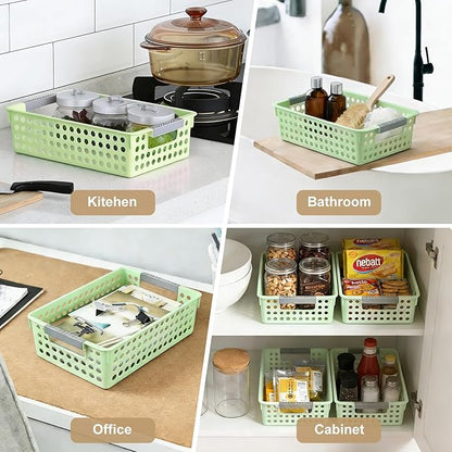 Soddeph 4 Pack Small Plastic Storage Baskets for Organizing, Stackable Bins with Handles for Shelves, Multipurpose Drawer Trays (Green)