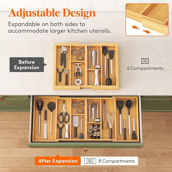Lifewit Expandable Utensil Organizer for Kitchen Drawer, Adjustable Cooking Silverware Tray, Plastic Cutlery Flatware Holder, Spatula Tools Gadgets Storage Divider, 21- 36 x 16, Bamboo, Natural
