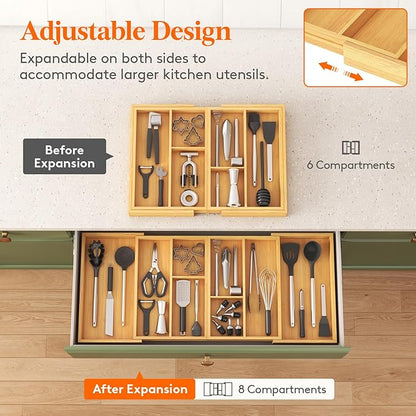 Lifewit Expandable Utensil Organizer for Kitchen Drawer, Adjustable Cooking Silverware Tray, Plastic Cutlery Flatware Holder, Spatula Tools Gadgets Storage Divider, 21- 36 x 16, Bamboo, Natural