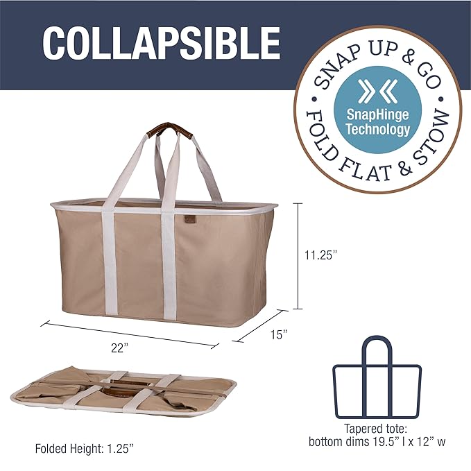 CleverMade Collapsible Laundry Tote 2-Pack (50L) – Foldable Carry-All Storage Bin for Laundry, Car Trunk, RV, Dorm & Home Organization – LUXE Cotton Blend with Vegan Leather Accents, Mocha