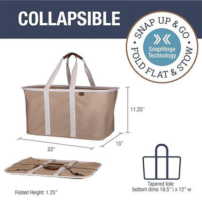 CleverMade Collapsible Laundry Tote 2-Pack (50L) – Foldable Carry-All Storage Bin for Laundry, Car Trunk, RV, Dorm & Home Organization – LUXE Cotton Blend with Vegan Leather Accents, Mocha