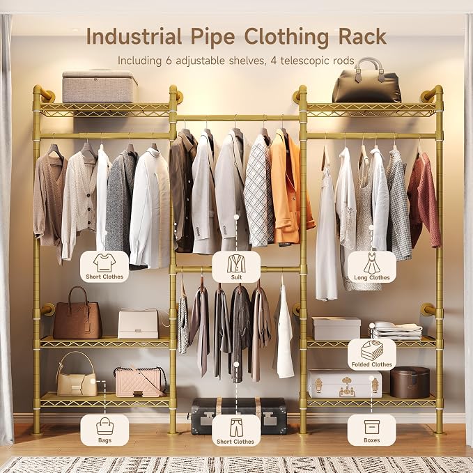 Wall Mounted Garment Rack, Walk-in Closet System with Expandable Rods, Adjustable Shelves, Industrial Pipe Clothing Racks, Hanging Clothes Organizers and Storage, Metal Closet Shelving Wardrobe