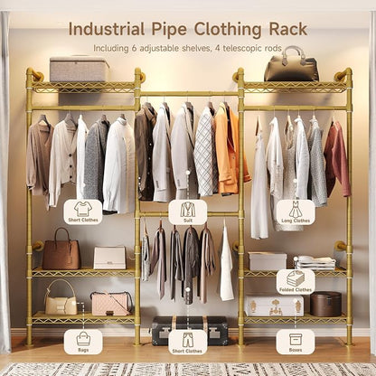 Wall Mounted Garment Rack, Walk-in Closet System with Expandable Rods, Adjustable Shelves, Industrial Pipe Clothing Racks, Hanging Clothes Organizers and Storage, Metal Closet Shelving Wardrobe