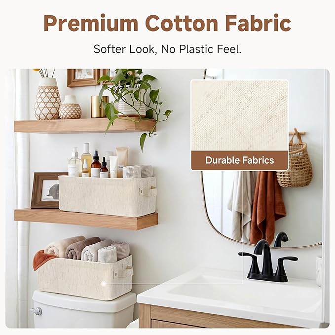 StorageWorks Narrow Storage Bins, Small Basket for Closet and Shelves, Fabric Closet Organizer Storage Bins with Handles, Toilet Paper Storage Baskets, Beige, Cotton Linen, 2-Pack