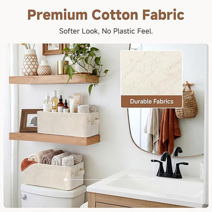 StorageWorks Narrow Storage Bins, Small Basket for Closet and Shelves, Fabric Closet Organizer Storage Bins with Handles, Toilet Paper Storage Baskets, Beige, Cotton Linen, 2-Pack