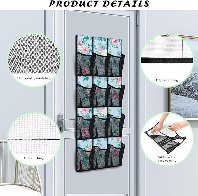 Blue Floral Over the Door Hanging Organizer for Closet - Heavy Duty Large Storage Bags with Metal Hooks, Space Saving Home Organization