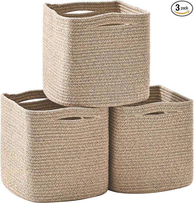 ICERZCZ 13 Inch Cube Closet Storage Bins, Woven Cotton Rope Organizer Baskets for Organizing & Shelves, Books, Towels, Clothes, Toys, 13x13x13 in, Brown (Pack of 3)