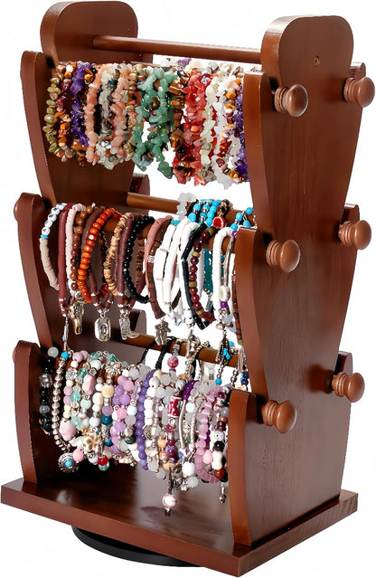 Two-Sided Rotating Wooden Jewelry Bracelet Holder Stand – 3-Tier Display with 6 Removable Bars for Bracelets, Bangles, Watches & Accessories – Brown Wooden Organizer for Home or Retail Showcase
