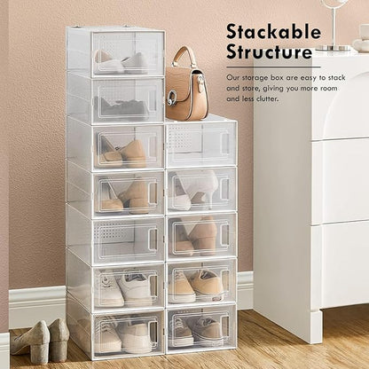 Planisity Clear Storage Bins for Shoes, 6 Pack Stackable Plastic Boxes With Lids for Closet Organization & Display