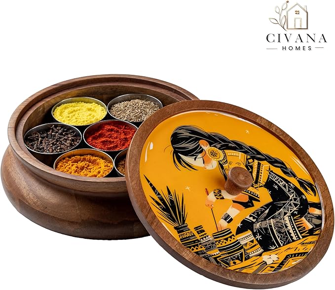 Wooden Spice box for kitchen with spoon, Mango wood box with 7 Steel containers | Masala box for kitchen | Masala Dani | Best Gift (Yellow Masala Box)