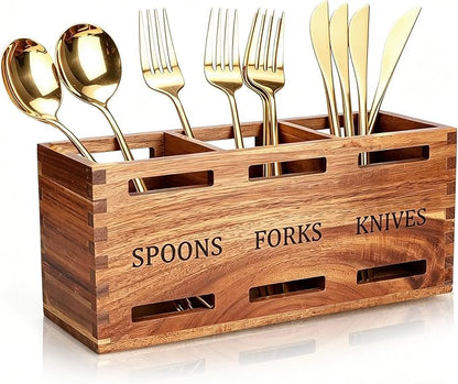 Acacia Wood Silverware Caddy Wooden Flatware Cutlery Holder Silverware Organizer Storage Small Utensil Holder for Kitchen Counter Spoon and Fork Holder Flatware Utensil Caddy for Party