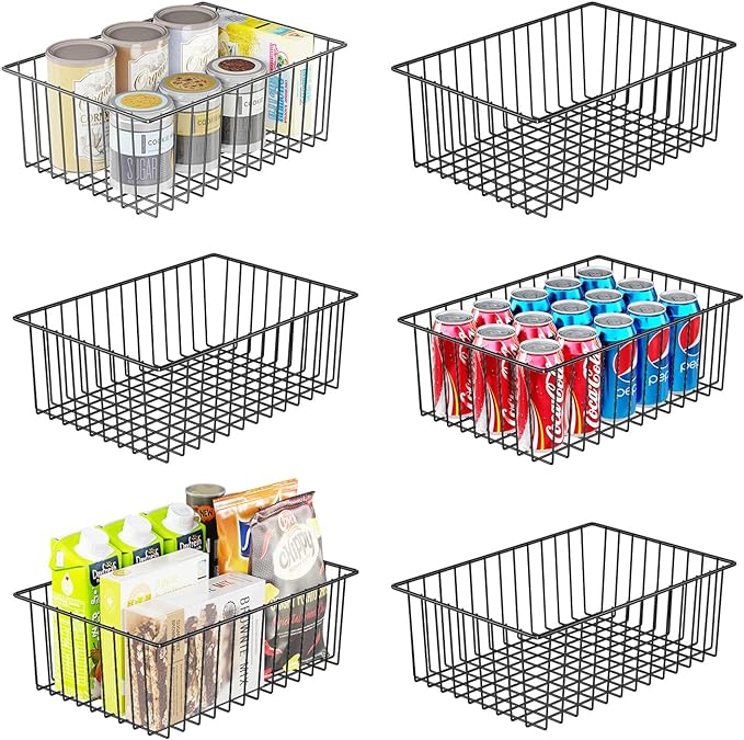 Simple Trending 6 Pack Large Wire Baskets for Organization, Metal Pantry Storage Baskets for Cabinet, Kitchen, Garage, Bathroom, Black