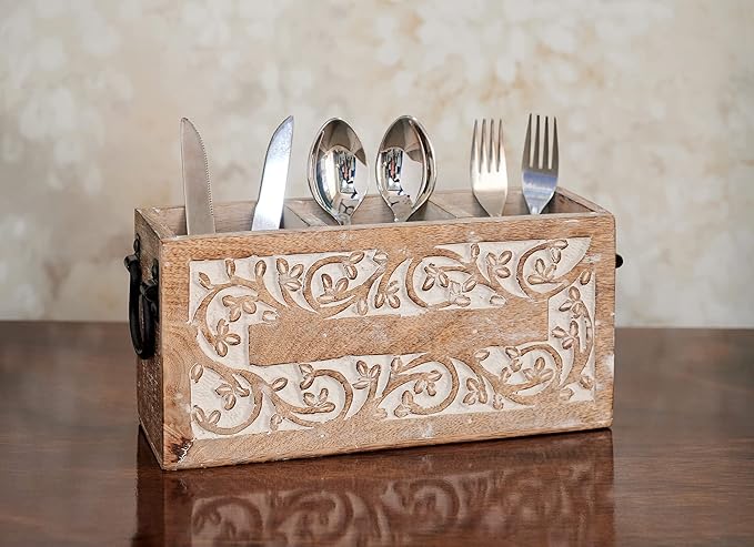 Farmhouse Decor 3 Compartment Silverware Holder Utensil and Cutlery Caddy for Parties Countertop Organizer for Spoon Fork and Knife Remote Control Holder Basket 10 x 4.5 x 5 Inches (Design 4)