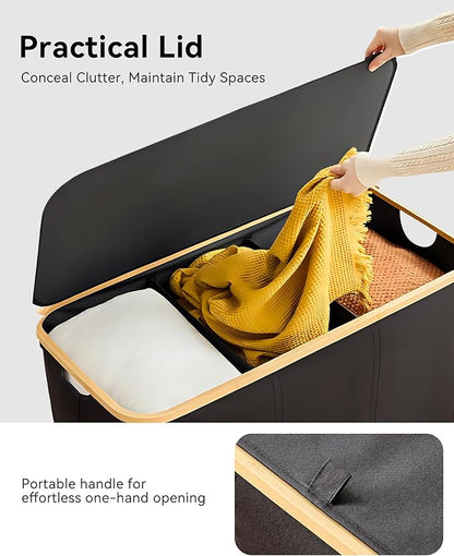 Storage Basket with Lid and Handles, 135L Fabric Bin with Divider for Shelf, Closet, Toy Organization, Collapsible Storage Organizer for Home, Black