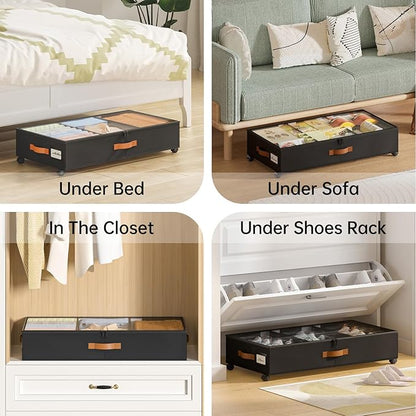 Yecaye Under Bed Storage with Wheels, 2 Pack Under Bed Storage Containers with Adjustable Dividers & Clear Window, Rolling Underbed Organizer Bins Drawers for Clothes, Shoes, Blankets, Black