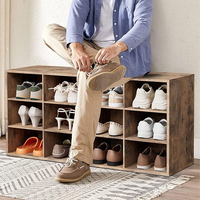 Aenuert 12-Cubby Shoe Rack, 3-Tier Wood Shoe Organizer, Multifunctional Shoe Organizer Bench for Entryway, Mudroom, Hallway, Closet,36.22 * 11.81 * 17.72 Inch,Brown