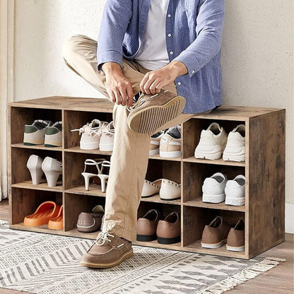 Aenuert 12-Cubby Shoe Rack, 3-Tier Wood Shoe Organizer, Multifunctional Shoe Organizer Bench for Entryway, Mudroom, Hallway, Closet,36.22 * 11.81 * 17.72 Inch,Brown