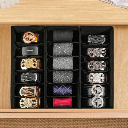 3 Pack Fabric Belt Organizer with 6 Grids per Organizer, Foldable Drawer Organizers for Closet and Drawer, Belt and Tie Holder - Black