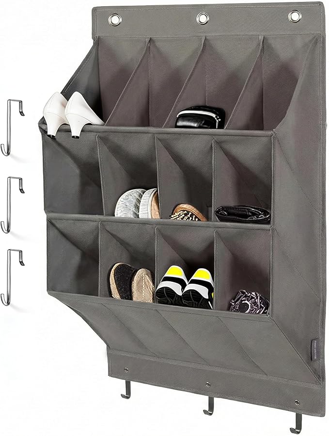 Over the Door Shoe Organizer, Grey 12 Pockets Hanging Shoe Storage Rack with Large Deep Pockets, Oxford 600D Fabric Shoe Storage Rack with 6 hook for Shoes, Home Accessories etc