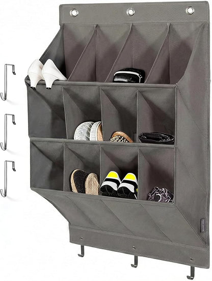 Over the Door Shoe Organizer, Grey 12 Pockets Hanging Shoe Storage Rack with Large Deep Pockets, Oxford 600D Fabric Shoe Storage Rack with 6 hook for Shoes, Home Accessories etc