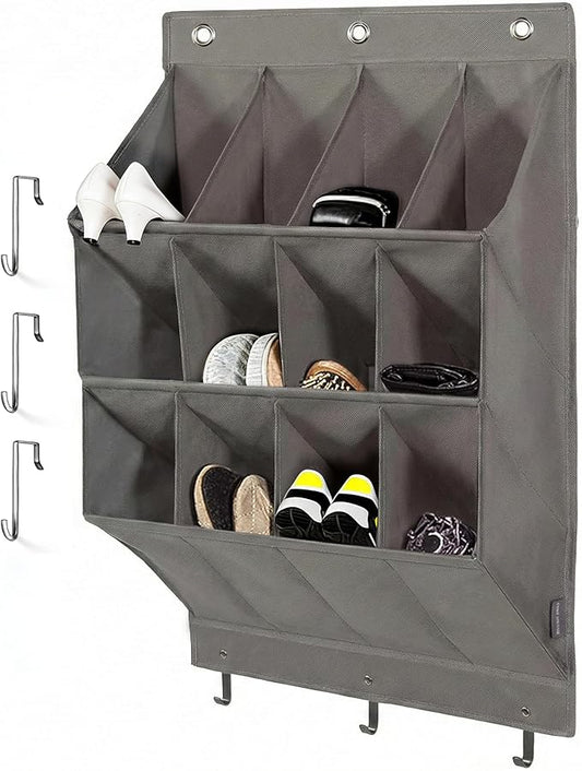 Over the Door Shoe Organizer, Grey 12 Pockets Hanging Shoe Storage Rack with Large Deep Pockets, Oxford 600D Fabric Shoe Storage Rack with 6 hook for Shoes, Home Accessories etc