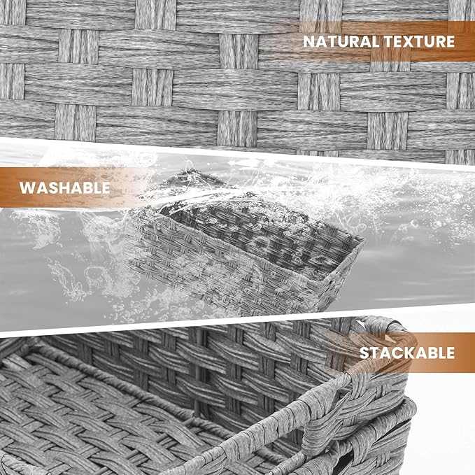 Onlytak Large Wicker Storage Basket, Metal Frame, Set of 2, Washable Waterproof, 15" x 10.3" x 5.2", Grey Color, Woven Basket for Pantry, Toilet, Bathroom, Bedroom, Patio