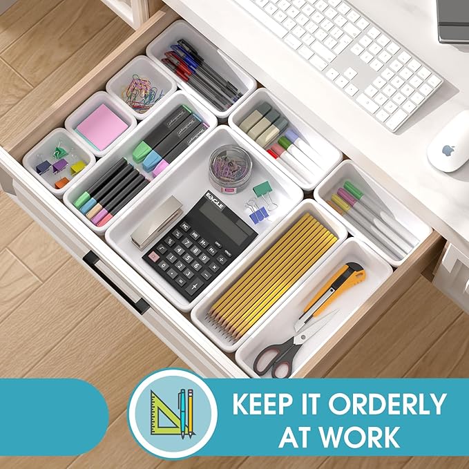 33 PCS Drawer Organizer Set, 4 Size Makeup Drawer Divider Organizer With Non-Slip Pads, Interlocking Plastic Storage Bins for Office,Jewelry Vanity,Gadgets, Bathroom,Kitchen, White