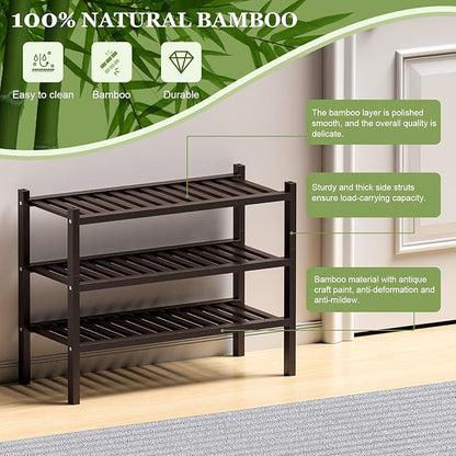 ROMGUAR CRAFT 3 Tier (Thick) Bamboo Shoe Rack for Closet Free Standing Wood Shoe Shelf for Entryway Small Space Stackable 27"x12"x21" (Black Brown)