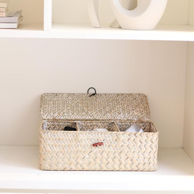 Whitewash Seagrass Toilet Tank Basket with Lid Bathroom Toilet Paper Storage Baskets with 3 Sections for Organizing (16.5 x 5.5 x 5.5 inch)