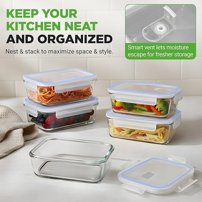 NutriChef 10 Piece Glass Food Storage Containers with Lids – 30 oz Meal Prep Containers Reusable – Airtight Glass Lunch Containers for Food Storage – Freezer to Oven Safe - Blue