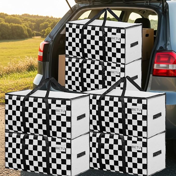 BETU 8 Pack Moving Bags Moving Storage College Dorm Camping Packing Travel PE Heavy Duty, Sturdy Handle, Zipper Large Storage Tote Bag Moving Boxes Box Alternative - White Plaid 29L x 15W x 15H