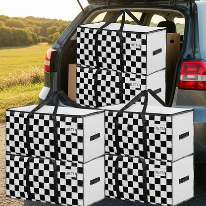 BETU 8 Pack Moving Bags Moving Storage College Dorm Camping Packing Travel PE Heavy Duty, Sturdy Handle, Zipper Large Storage Tote Bag Moving Boxes Box Alternative - White Plaid 29L x 15W x 15H