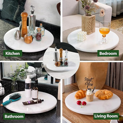 Marble Lazy Susan, 16 in Lazy Susan Turntable Organizer for Cabinet Pantry Kitchen Countertop Fridge Bathroom Makeup Vanity Countertop - White