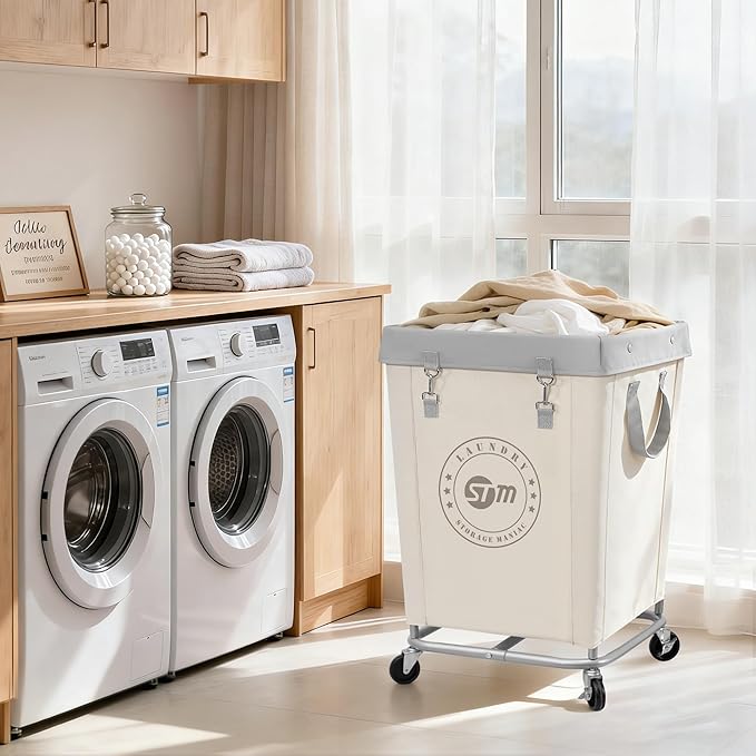 STORAGE MANIAC Commercial Laundry Hamper with Heavy Duty Steel Frame, 160 L Industrial Laundry Basket Cart with Wheels for Hotel, Home, Laundry Room, 18''L x 18''W x 31''H, Medium Beige